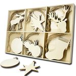 Duadecor Wooden Christmas Ornaments Xmas Tree Hanging Embellishments with Holes for Kid DIY Crafts, Home and Party Decoration, Balls, Shoes, Gourd, Starfish, ELK, Deer Head (30 Pcs Small Ornaments)