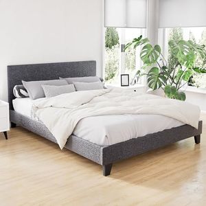 Artiss Queen Bed Frame Platform Wooden Headboard Beds Base Frames Bedroom Room Decor Home Furniture, Upholstered with Charcoal Faux Linen Fabric + Foam + Wood, Modern Design