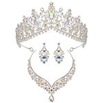 SWEETV Wedding Crown for Bride, 3-pack Tiara Earrings Necklace, Bridal Jewelry Set, Iridescent Crystal Costume Party Birthday Prom Pageant Jewelry for Women,Multicolored