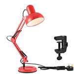 TEKLED® LED Desk Lamp | Adjustable Swing Arm | Replaceable E27 Edison Screw Bulb Holder | Flexible Table Clamp | for Bedside Reading Office Work Architects Students (Swing Arm Red)