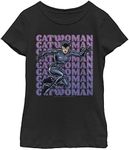 Warner Bros. Kids' Little, Big Batman Catwoman Name Stack Girls Short Sleeve Tee Shirt, Black, Medium