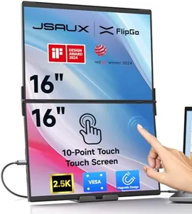 JSAUX FlipGo 16" 2.5K Dual Touchscreen Portable Monitor, Triple Laptop Touch IPS Screen Extender | HiDPI Display | One Cable to Dual Screen | Built-in HUB | Magnetic Design for Windows