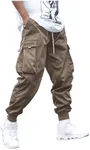 OYOANGLE Men's Casual Drawstring Elastic Waist Flap Pocket Letter Graphic Street Jogger Cargo Pants Brown Large