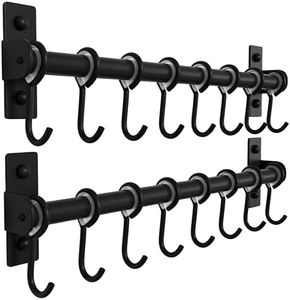 Dseap Kitchen Hooks for Hanging Utensils, Hanging Pot Rack, Kitchen Utensil Hanger Rail with 8 Hooks for Pots Pans, Spoons, Mugs, Wall Mounted, Stainless Steel, Black, Pack of 2