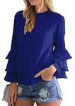 OMZIN Women Crew Neck Chiffon Print Blouse Bell Sleeve Business Blouses Royal Blue XL