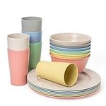 Euodia Wheat Straw Plastic Dinnerware Sets for 6 (Dinner Plates, Bowls & Cups) - Dishwasher & Microwave Safe – Unbreakable Reusable Lightweight Eco Friendly & BPA Free –Outdoor Camping Dishes/Mess Kit