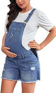 MOMOOD Maternity Overalls Shorts Ripped Hem Adjustable Straps Maternity Denim Bib Overall Shorts, Denim Blue, Medium