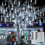 Christmas Meteor Shower Lights Battery Powered,Waterproof 192 LED Icicle Snow Falling Lights with Remote Timer Raindrop Lights for Tree Yard Patio Christmas Party Outdoor Decor(Cool White)