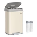 SONGMICS Kitchen Bin, 13 Gallon (50 L) Rubbish Bin, Metal Waste Pedal Bin with Lid, Tall and Large, Sand Beige and Dove Grey LTB530A02