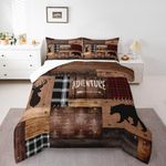 Cabin Bedding Sets Queen Size,Rustic Farmhouse Bedding Comforter Sets,Caming or Adventure Quilt Set,Kids Boys Men Teens Room Decor,Bear Deer Lodge Down Comforter,Black Brown Patchwork Grid Quilts