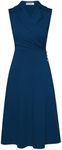 GRACE KARIN Women Business Work Dress Notch Lapel Ruched Wrap V Neck Dress A Line Midi Dress Blue Green M