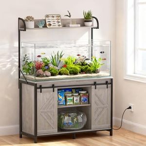 SYESWAY 55-75 Gallon Fish Tank Stand with Power Outlets, Heavy Duty Metal Frame Aquarium Stand with Barn Door, Turtle Reptile Terrariums Stand, 1000LBS Capacity, Grey