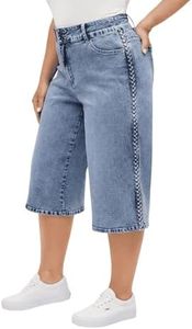 MolyPark Women's Plus Size Wide Leg Capri Jeans with Braided Side Stripe High Waisted Stretchy Baggy Boyfriend Curvy Jeans