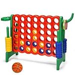 Costzon Giant 4-in-A Row, Jumbo 4-to-Score Giant Game w/Basketball Hoop, Ring Toss, Quick-Release Slider, 42 Jumbo Rings, Indoor Outdoor Family Connect Game for Kids & Adults, Backyard Games, Green