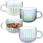 Wlasss 4pcs Vintage Iridescent Glass Coffee Mugs-Seamless Design, 15 Oz Ribbed Glass Mugs with Handle, Lead-Free Glass Coffee Cups for Latte, Cereal, Yogurt, Hot/Cold Beverage, Gifts for Women