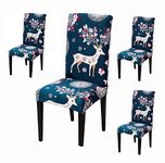 Favria Elastic Chair Cover Stretch Removable Washable Short Dining Chair Cover Protector Seat Slipcover -Dark Blue Deer-Set of 4 Chair Covers,Polyester