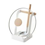 Yamazaki Home Ladle & Lid Rest - Kitchen Utensil Organizer Stand for Cooking Steel + Wood White