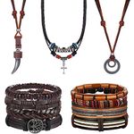 Kakonia 11Pcs Mens Bracelets Necklace Jewelry Set Adjustable Leather Bracelets Necklace for Men Black Brown Tribal Double Circle Pendant Necklaces Handmade Braided Bracelets