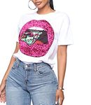 PESION Womens Cute Red Lips Sequin Top Graphic Tees Letter Printed Kiss T-Shirt White S