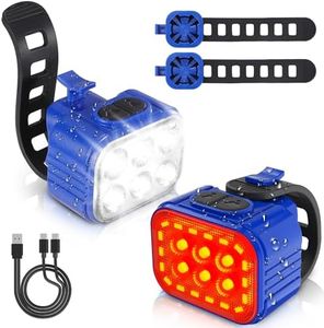 WORKPRO Bike Lights Set [8+13 Modes], Rechargeable Bicycle Light Set Ultra Bright, IP65 Waterproof Bike Lights for Night Riding, 1200mAh Bike Headlight and Tail Light Reflectors, Blue