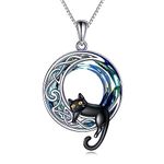 VONALA Moon Cat Necklace for Women Sterling Silver Black Cat Necklace Celtic Moon Pendant Crystal Jewellery Birthday Gifts for Her