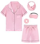 ALHAVONE Kids Girl Pajama Set with Headband Blindfold Hair Tie Toddler Boy Girl Satin Silky Button-up Pajama Sleepwear (Pink-Short, 140)