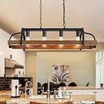 WUZUPS 4-Light Metal Pot Hanging Rack Chandelier Imitation Wood Grain Linear Pendant Ceiling Lighting Rustic Farmhouse Fixture Kitchen Island Dining Room, H25 x L88 x W30, E27 Base, Black