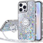 Silverback for iPhone 15 Pro Case, Moving Liquid Holographic Sparkle Glitter Case with Kickstand, Girls Women Bling Diamond Ring Protective Case for Apple iPhone 15 Pro 5G 6.1''- Clear Silver