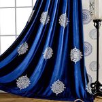 VOGOL Extra Wide Room Darkening Curtains, L84 x W100 Inch Floral Embroidered Drapes for Sliding Door, 1 Panel Vintage Style Decorative Window Treatments, Dark Blue