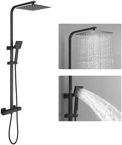 Homevacious Wall Mount Outdoor Shower Kit 9 Inch Rainfall Shower Head Handheld Spray Single handle Center Exposed Shower with Square Shower Head Matte Black