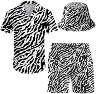 ifamawlea Men's 2 Piece Animal Print Hawaiian Shirt Shorts Button Down Rave Shirt and Shorts Sets with Bucket Hats L