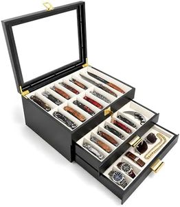 Knife Display Case, 3-Layer Pocket Knife Pocket Organizer Storage Box, Black Wood Knife Collection Display Holder with Lockable, Men's Gift
