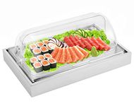 YMJOINMX Ice Food Serving Display Tray with Clear Roll Top Cover Buffet Cold Serving Cooler Platter w/ 2 Ice Packs Cooling Food Dishes Display Plate Case with Lid for Seafood Fruit Party Buffet Tray