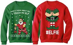 I Touch My Elf + Elfie Ugly Christmas Sweater Sweatshirt Funny Couple Xmas Set Touch My Elf Green XX-Large/Elfie Red Small