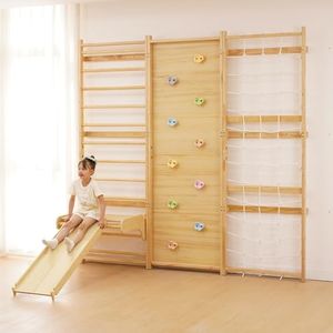 Avenlur Walnut Modular 9-in-1 Swedish Ladder Wall Gym & Climber – Montessori Indoor Playset with Rock Wall, Rope Net, Slide, Swing & Monkey Bars | Kids Climbing Gym for Toddlers & Children