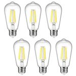 Ascher Dimmable Vintage LED Edison Bulbs, 6W, Equivalent 60W, Bright Daylight White 4000K, ST58 Antique LED Filament Bulbs, E26 Medium Base, Clear Glass, Pack of 6