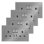 4 Pack Double Switched Power Socket with USBA and Type C Fast Charging Ports, 2 Gang 13 Amp Electric Power Sockets,UK Standard Wall Socket (Grey)