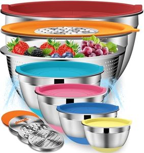DUTZUN Mixing Bowls with Lids Set - 16pcs Stainless Steel Mixing Bowl Set with Colander, 3 Grater Attachments, Non-Slip Bottom, Metal Nesting Bowls with Strainer for Mixing & Serving - Multicolor