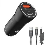 iWotto 18W - USB Car Charger With Type-C Cable - Shark Charger Set - 2 USB 3.0 Charging - Cigarette Lighter and Quick Charge Compatibility For QI Mobile Devices