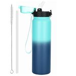 OLDLEY Stainless Steel Water Bottle with Straw 1L Vaccum Insulated Large Drink Flask Metal Water Bottles 1 Litre Leakproof Keep Drinks Hot Cold for Bike Sports Gym Adult Women Men(Green Blue, 1 Lid)