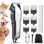 Kriogor Dog Clippers Professional for Thick Hair LCD Power Display，Low Noise Cordless Dog Grooming Clippers Sharp Stainless Steel Blade Rechargable Pet Shaver Trimmer with 6 Guide Combs for Dogs Cats