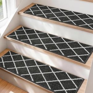 COSY HOMEER Edging Stair Treads Non-Slip Carpet Mat 28inX9in Indoor Stair Runners for Wooden Steps, Stair Rugs for Kids and Dogs, 100% Polyester TPE Backing 15pcs,Dark Grey