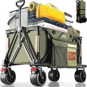 Overmont Festival Camping Folding Trolley - All-Terrain Extra Wide Wheels with 330lbs Capacity - Heavy Duty Beach Wagon Cart for Garden, Shopping - Adjustable Handle & Drink Holders - Green