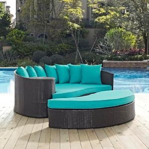 BRISHI Outdoor Patio Daybed/Sunbed/Swimming Pool Side/Sun Lounger/Garden/Terrace/Balcony/Wicker and Rattan Daybed (Dark Brown/Blue)