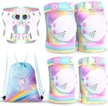 SULIFEEL Rainbow Unicorn Knee Pads for Kids Knee Elbow Pads Wrist Guards with Drawstring Bag Adjustable Protective Gear Set for Girls Roller Skating Bike Cycling Skateboard Scooter Dazzling Small