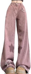 kakarin choyx Y2K Casual High Waisted Straight Leg Jeans Womens Fashion Vintage Star Printed Fringe Baggy Denim Pants L Pink