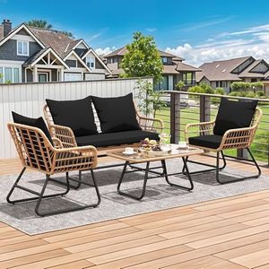 YITAHOME 4-Piece Patio Furniture Wicker Outdoor Bistro Set, All-Weather Rattan Conversation Loveseat Chairs for Backyard, Balcony and Deck with Soft Cushions and Metal Table, Gray+Black