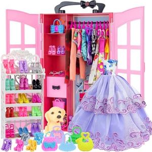 Ecore Fun 120 Pcs Fashion Doll Closet Wardrobe for Clothes and Accessories Storage Include Clothes, Dresses, Shoes, Shoes Rack, Bags, Necklace, Hangers for 11.5 Inch Girl Doll Clothes
