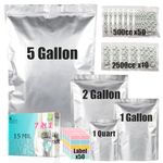 SHXWELL 50pcs Mylar Bags for Food Storage With Oxygen Absorbers - 14.8 Mil - 5 Gallon (5pcs) + 2 Gallon (5pcs) + 1 Gallon (20pcs) +1 Quart (20pcs) +2500cc and 400cc Oxy-Sorb (Individually Sealed)