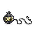 Vintage Style Open Face Two Tone Daddy Father Gift Word DAD Pocket Watch for Men Numeral Skeleton Dial Black Gunmetal Gold Plated Finish with Long Pocket Chain